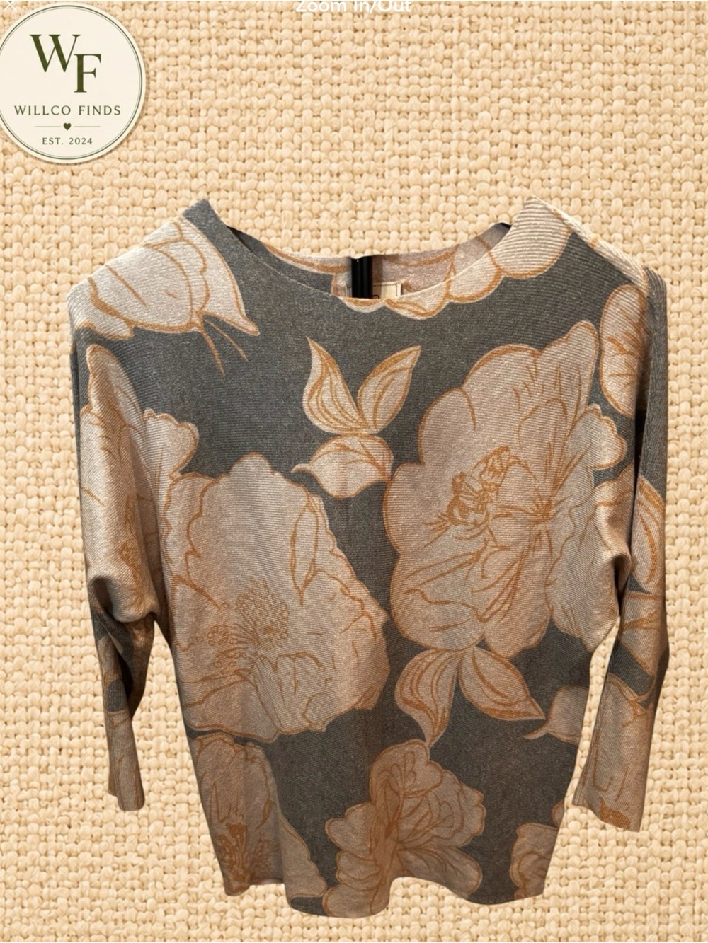 Sioni Floral Print Sweater Small Gray Beige Oversized Flower Knit